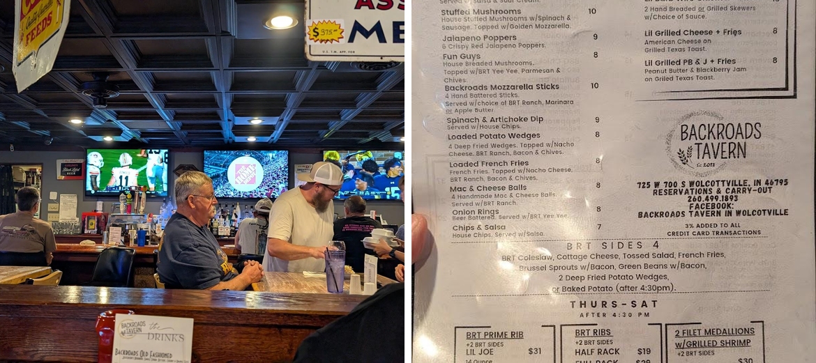 Backroads Tavern in Wolcottville Menu