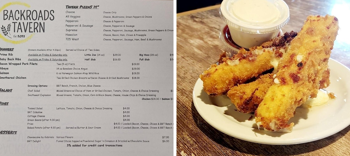 Backroads Tavern in Wolcottville Menu
